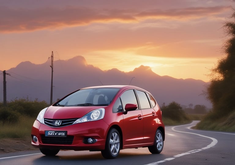 A sleek black luxury sedan parked on a scenic coastal road at sunset.