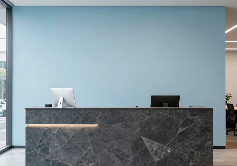 A minimalist reception area of a modern tech firm in Melbourne, bright and welcoming, featuring slate and light blue professional colors.