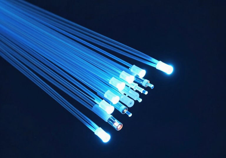 Macro view of glowing blue fiber optic cables, representing high-speed connectivity and modern technical support, against a dark navy background.