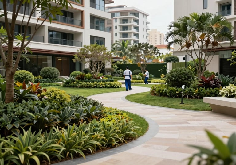 Photography of a well-maintained garden area within a premium Brazilian residential complex. A professional maintenance team is subtly working in the background.