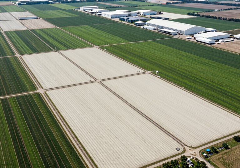 An expansive aerial photograph of a sustainable industrial farm with organized crop patterns in various shades of green and off-white. Global / International location, showing the scale of modern operations.
