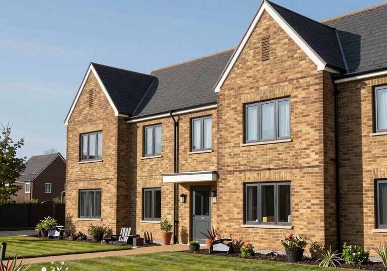 An exterior view of a modern, high-quality UK residential nursing home with clean brick architecture and green landscaping under a clear blue sky.