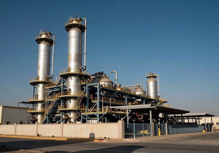 A modern, large-scale industrial factory exterior in a Middle Eastern / Egyptian with Global Reach setting under a clear Deep Ocean Blue sky.