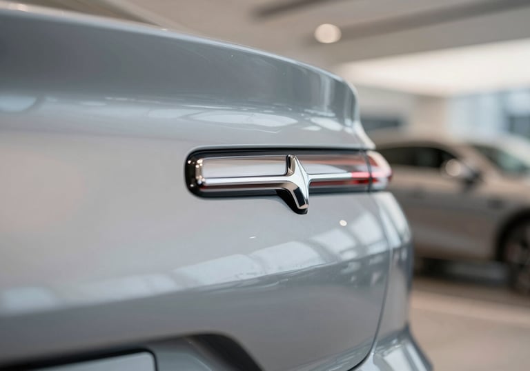 Close-up of a modern silver vehicle logo with a professional blurred showroom background, soft platinum lighting.
