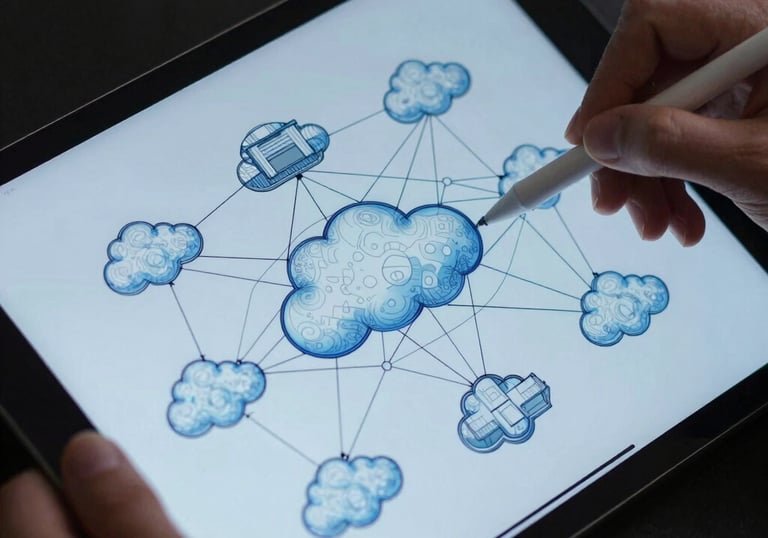 A close-up of a digital tablet showing a complex architectural diagram of a cloud network, professional hands using a stylus, technical blue light.