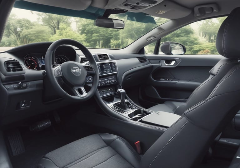 Close-up of a car interior being vacuumed and cleaned.