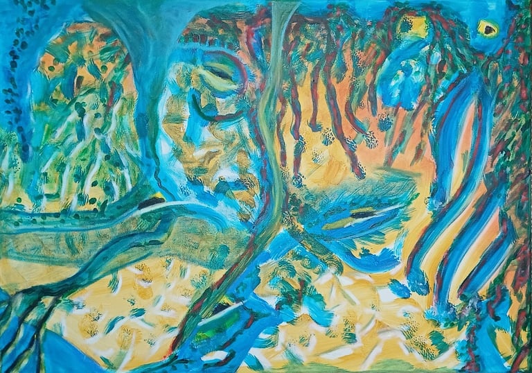 Rock Pool — teal and amber abstract suggesting coastal rock and water, acrylic, by Zanda