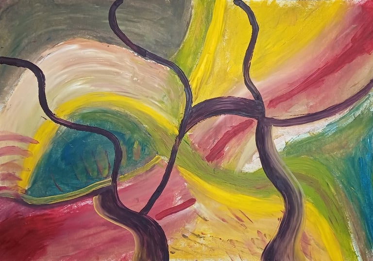 Neural — dark sinuous lines threading through coloured fields of green and yellow, by Zanda