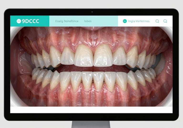 A digital screen displaying a 3D dental scan of teeth, showcasing the advanced technological diagnostic capabilities of the clinic. High-tech look with #9DC3C2 accents.