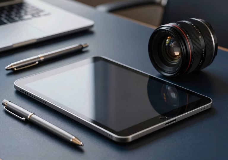 A close-up of a sleek tablet and high-end stationery on a dark navy desk in a North American / US executive suite.