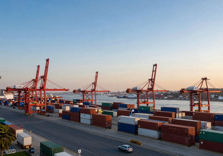 A view of a busy international cargo terminal in a North American / Global Turkish port city at sunset. The sky is Soft Steel Blue, highlighting the scale of global trade operations.