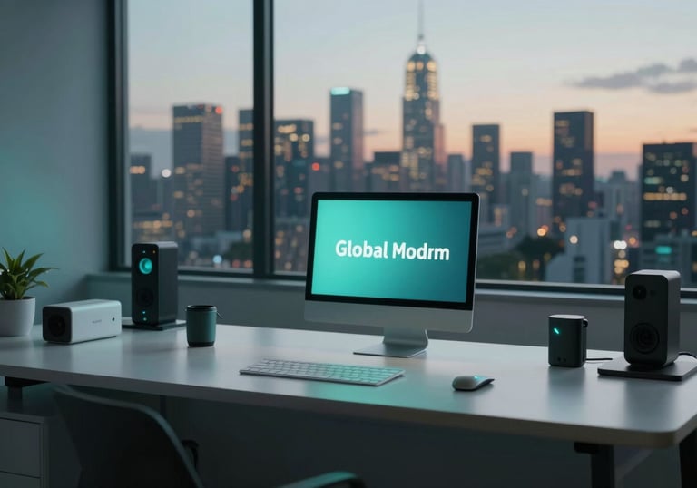 A minimalist workspace at dusk with a view of a smart city skyline, featuring modern tech devices and soft teal lighting, Global / Modern.
