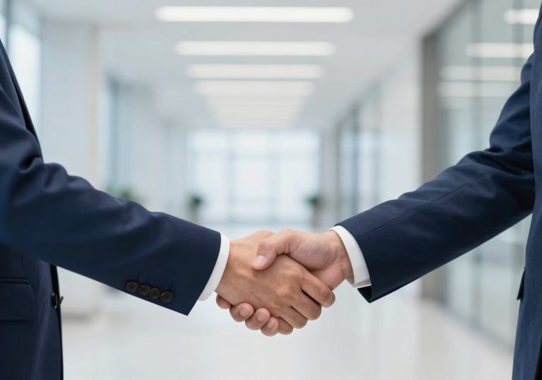 Two professionals in suits shaking hands in a bright, modern corridor. The focus is on the handshake, symbolizing agreement and trust. Colors: #3A506B, #8DA9C4, #E0E8F0.