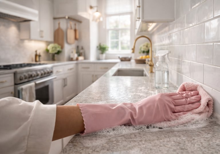 Deep cleaning service in Durham NC – professional cleaner scrubbing luxury kitchen quartz countertop