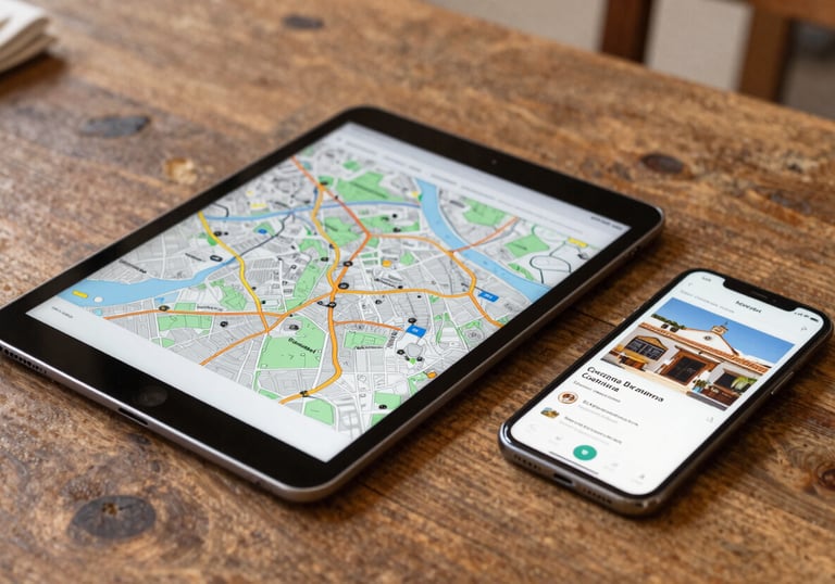 A tablet and a smartphone on a rustic table showing a map and a website for a gourmet store. Mediterranean / Spanish / Andalusian setting with warm natural light.