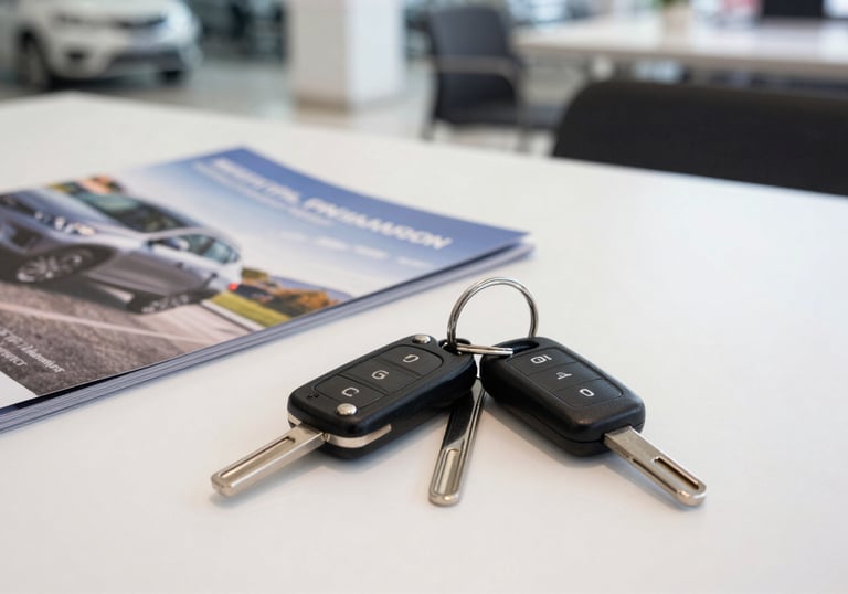 A set of car keys lying on a clean white table next to a new car brochure in a brightly lit Brazilian dealership, professional and aspirational mood.