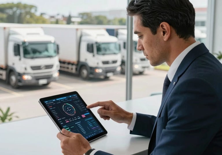 A South American logistics manager in professional attire reviewing a digital dashboard on a tablet in a bright, modern office overlooking a truck fleet.