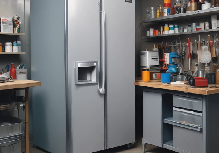 A close-up of a white appliance with a glowing orange indicator light next to a switch marked with 'I' and 'O'. The appliance is situated on a metallic surface.