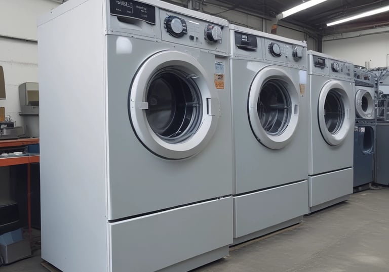 A storefront features various household appliances and furniture. Several refrigerators are placed outside, alongside couches and chairs. The background shows a building with signage and open doorways. A person stands near the entrance.
