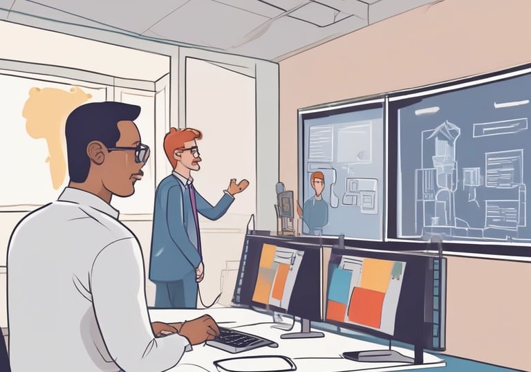 Three people are standing in front of a backdrop with Microsoft branding and the text 'Cloud stories from Norway.' Each person is positioned behind a tall round table. One table has a laptop covered in various tech-related stickers. The setting appears to be a professional or tech-related event with lights on either side.