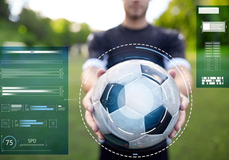 NexaGoals creative solutions — coach holding football with data graphics for budget-friendly strateg