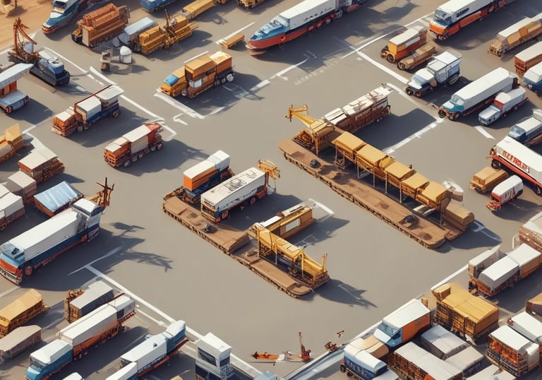 A large industrial storage yard filled with colorful shipping containers and trailers. The containers are stacked and aligned in rows, displaying various brand logos and colors. There are few vehicles parked nearby, and the area seems to be used for logistics or transportation purposes.