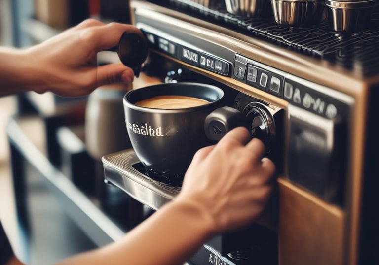 A barista preparing a cup of coffee in a warm, inviting coffee shop setting.