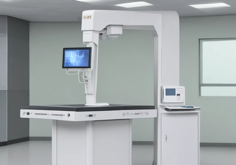 A set of ophthalmic diagnostic equipment, including an autorefractor and a slit lamp, arranged in a medical examination room with a beige backdrop. The machines are white with various dials and functional parts visible.
