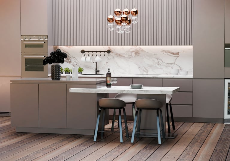 A 3D image of a modern kitchen scene we created for an architectural firm client