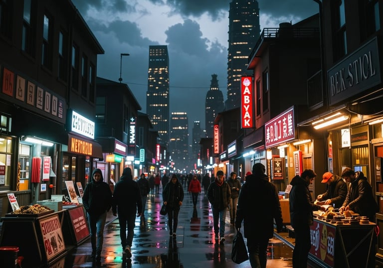 Image of a dystopian night city marketplace render.