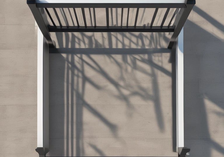 A wooden pergola structure extends over a concrete walkway with tall buildings in the background and clear blue skies above. Metal lampposts are positioned along the path, providing lighting. Trees and greenery can be seen on the left side of the image, adding a touch of nature to the urban setting.