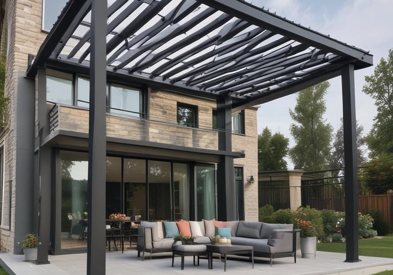 A wooden pergola structure with large beams and columns is surrounded by greenery. The pergola has open slats at the top, allowing sunlight to filter through. Concrete steps lead up to the pergola, and metal railings are fixed to the sides. Trees and bushes fill the background.