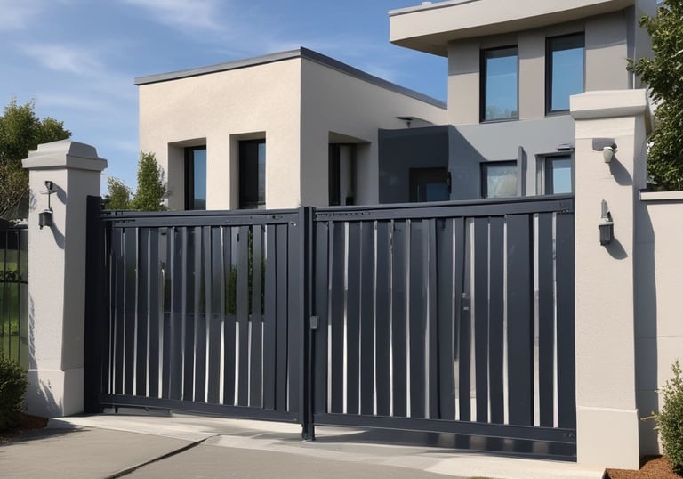 A wooden pergola decorated with sheer white curtains tied to its pillars. The structure includes a hanging potted plant, and is surrounded by a gravel-textured wall. Small string lights are attached to the top beam of the pergola, creating an inviting atmosphere.