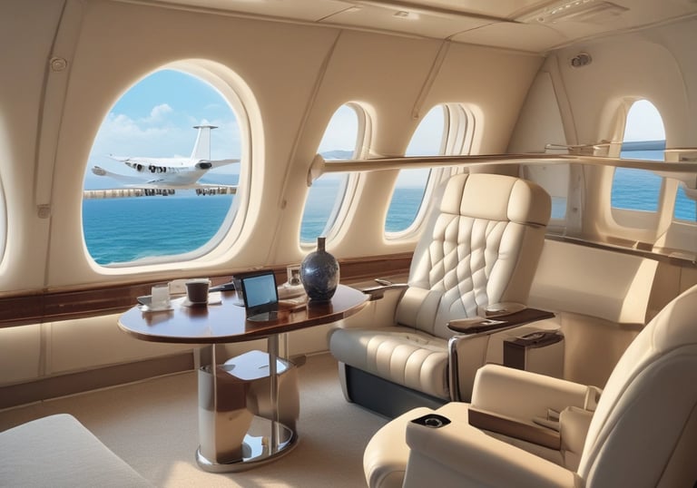 A sleek, modern private jet with an open hatch is parked inside a hangar. Visible through the hatch is a luxurious interior featuring a quilted leather seat. The exterior is silver with blue stripes, and the tail number HB-FXK can be seen on the fuselage.