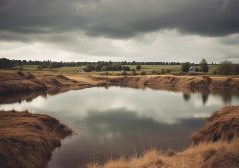 A large industrial excavator is positioned on a floating platform on a body of water. The excavator has a long articulated arm with a claw-like bucket, and a cabin for the operator. The platform appears to be a barge, indicating use for dredging or construction in aquatic environments. The sky is overcast, casting a muted light over the scene.