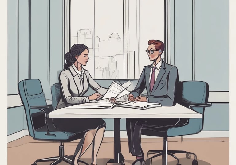 A group of four men in business attire are gathered around a table, examining documents laid out in front of them. They appear to be engaged in a discussion or meeting, with focused expressions and attentive body language.