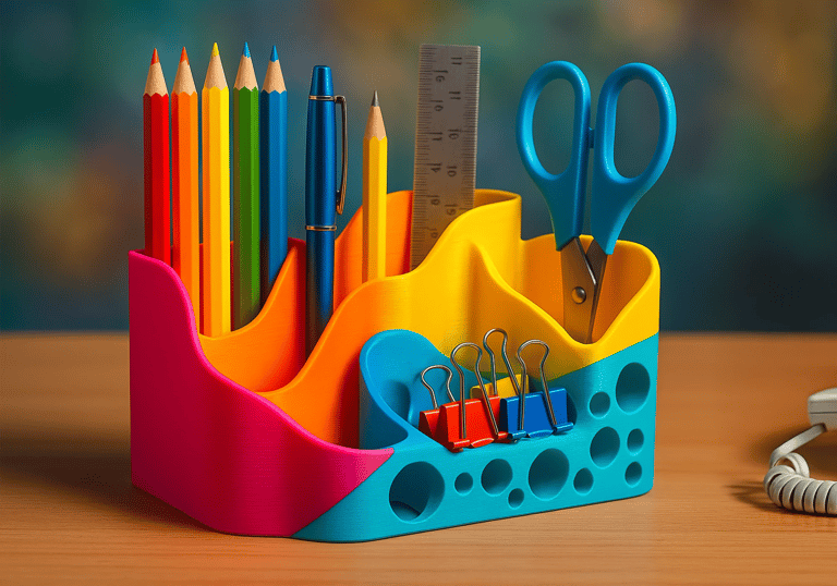 Colorful 3D printed desk organizer with pens and tools. Bright tech setup gift or office display.