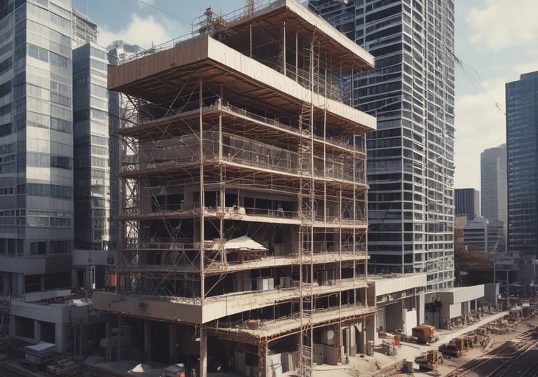 A two-story house under renovation with new brickwork being added. A black tarp covers construction materials in the foreground, surrounded by wood and other building materials. The house features a light brown exterior with two windows on the upper floor, white-framed doors, and a partially completed extension on the ground floor.