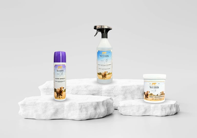 Zestaw produktów Weihs Livestock do pielęgnacji racic i kopyt z nanocząstkami srebra.