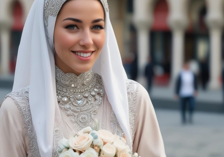 A woman is adorned in an elaborate white lace garment that includes a hijab integrated with ornate lace and beadwork details. Her profile view reveals a delicate arrangement of jasmine flowers entwined in her headdress. She exudes elegance and grace, with intricate lace gloves accentuating her hands.