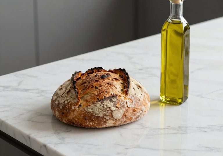 A minimalist shot of freshly baked artisanal bread and olive oil on a white marble counter, natural lighting, clean and professional.