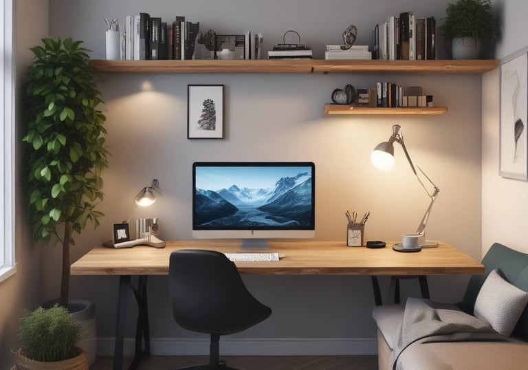 A tidy workspace with organized documents and a laptop displaying financial charts.