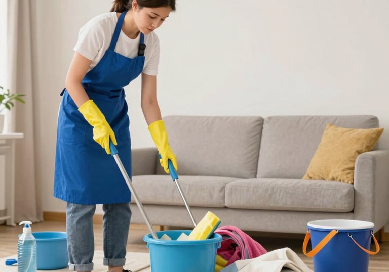 Cleaning staff preparing a vacation home, making beds and tidying rooms.
