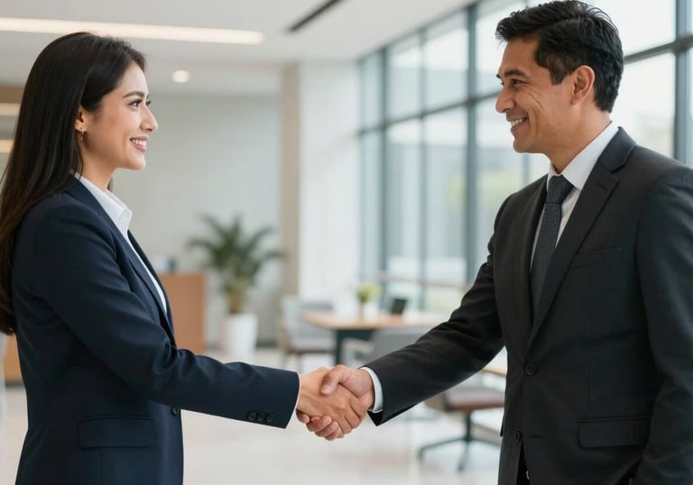 Two Latin American professionals in business attire shaking hands in a modern, light-filled office lobby. The scene conveys trust, success, and corporate professionalism.