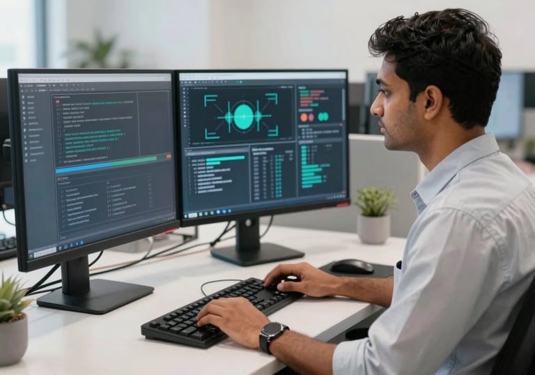 A modern South Asian software developer working in a clean, high-tech environment with dual monitors and ergonomic setup. The scene is bright, reflecting a professional and high-quality workspace in an Indian IT hub.