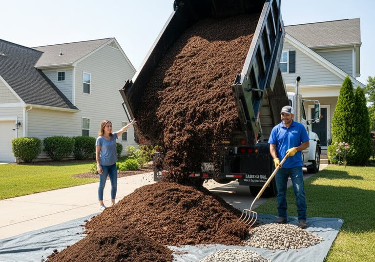 A dump truck delivering bulk garden mulch and landscaping stones to a residential driveway for a home project.