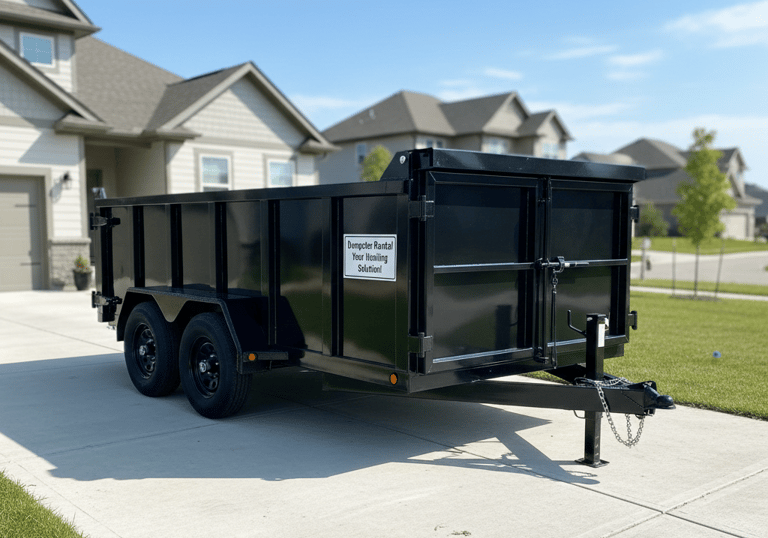 Black hydraulic dump trailer for junk removal and debris hauling parked on a residential driveway.
