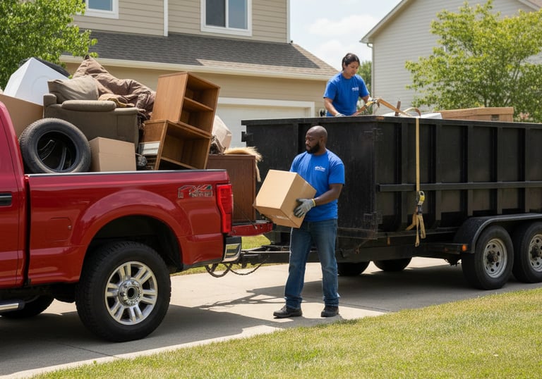 Professional junk removal service loading furniture and boxes into a large dumpster trailer.