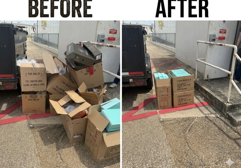 Before and after comparison of organized shipping boxes on a warehouse loading dock.junk-removal-new