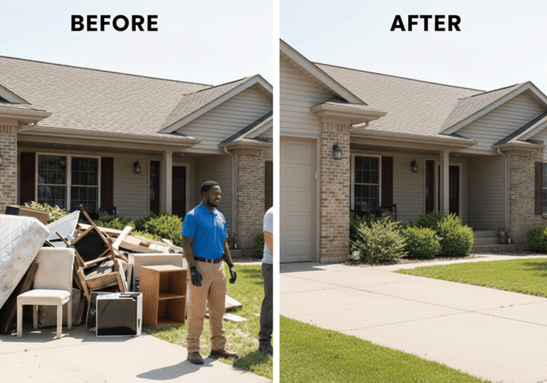 Before and after professional junk removal service clearing old furniture and a mattress from a home driveway